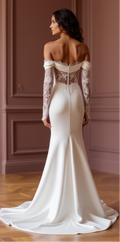 Ethereal Off-Shoulder Satin and Lace Wedding Gown