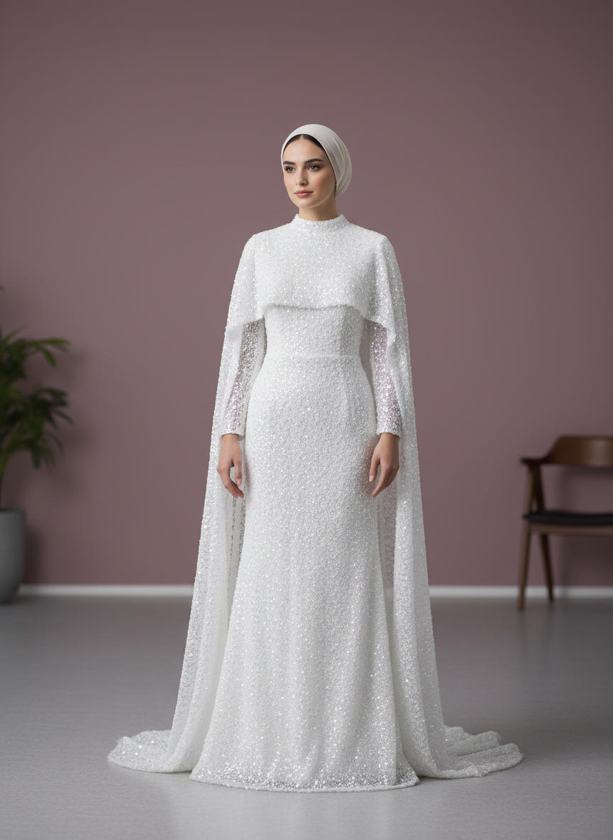 Muslim Wedding Dress High Neck Long Sleeve Hijab Bridal Dress Elegant Vestidos De Novia