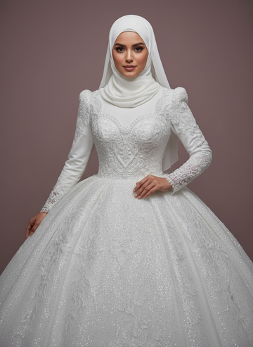 Islamic Ful Lace Muslim Wedding Dress High Neck Long Sleeve Hijab Bridal Dress Elegant Vestidos De Novia WHITE