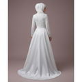 Exquisite Satin Muslim Wedding Dress With Pearls High Neck Long Sleeve Hijab Bridal Dress Elegant Vestidos De Novia