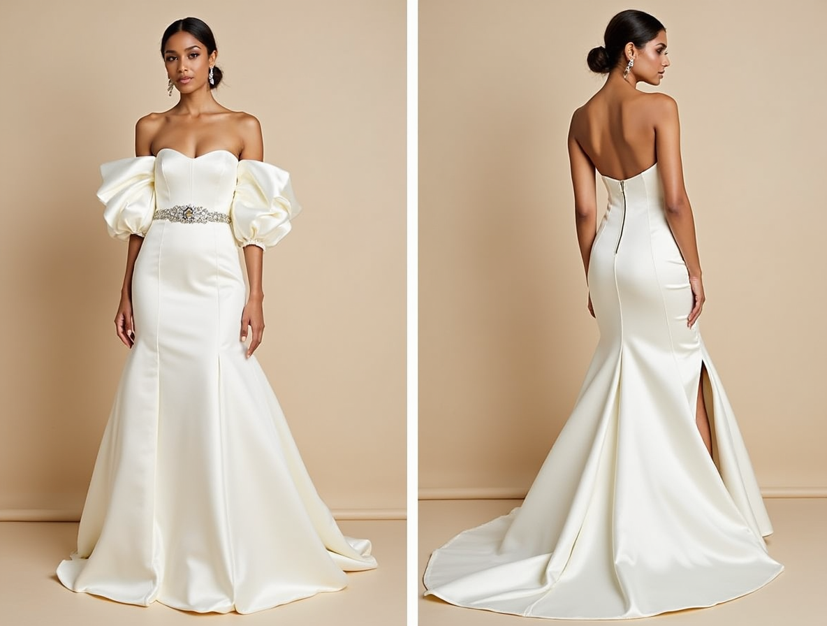 Off-Shoulder Puff Sleeve Wedding Gown with Belt