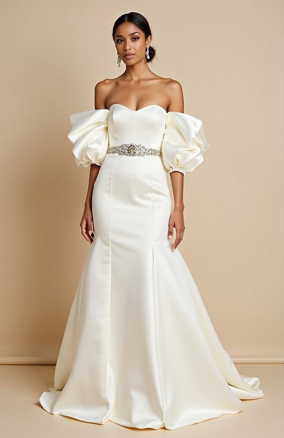 Off-Shoulder Puff Sleeve Wedding Gown with Belt