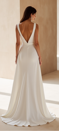 Classic V-Neck Bridal Gown – Sleek Ivory Satin Elegance