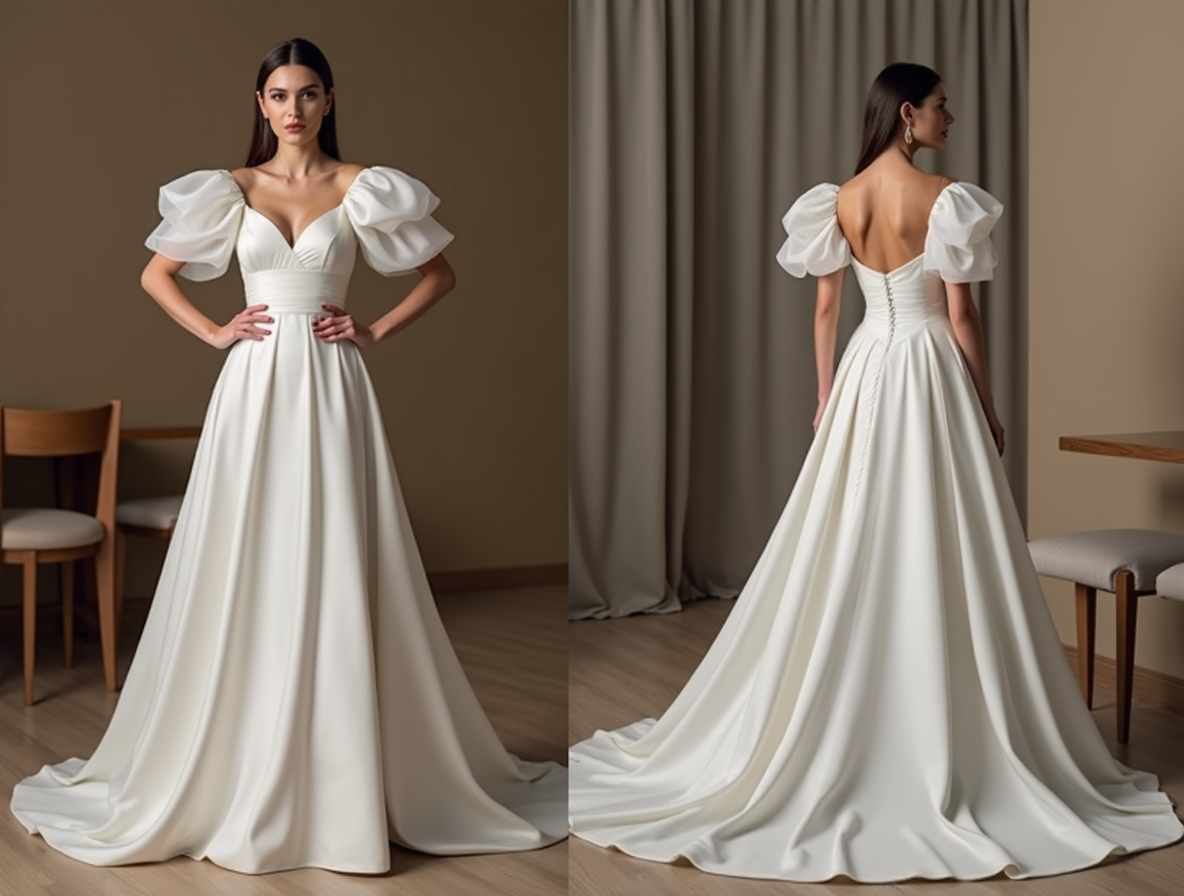A-Line Wedding Dress – Puff Sleeves & Sweetheart Neckline