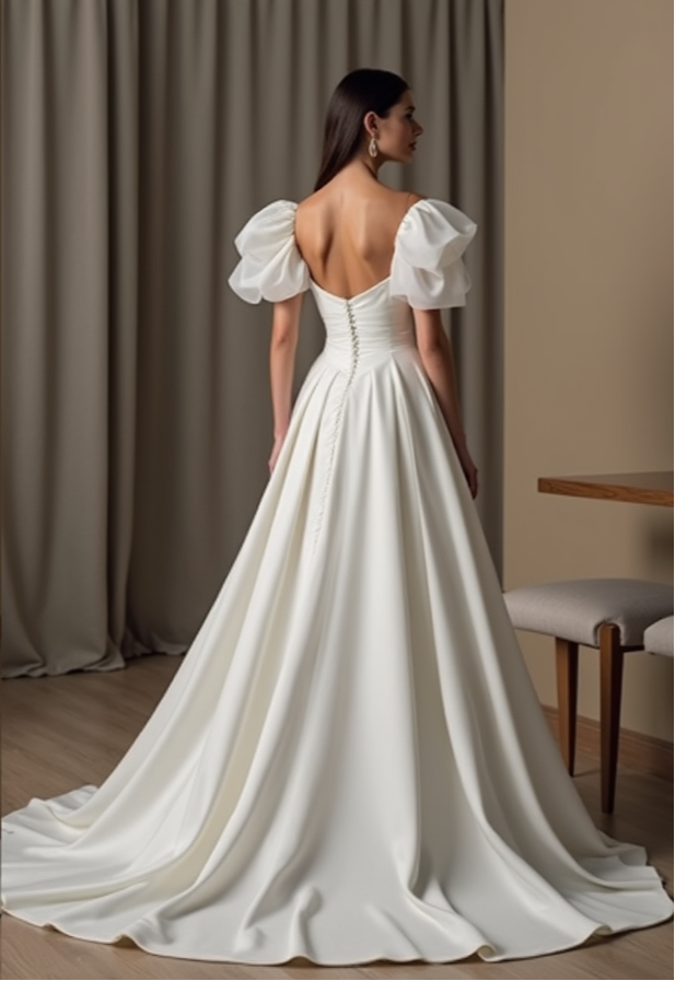 A-Line Wedding Dress – Puff Sleeves & Sweetheart Neckline