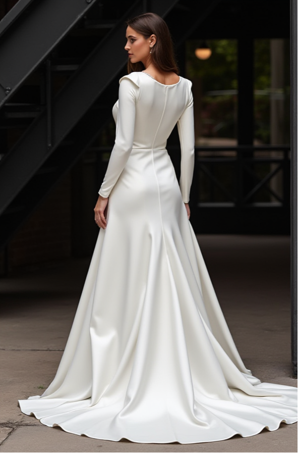 Elegant A-Line Wedding Dress – Long Sleeves & Beaded V-Neckline
