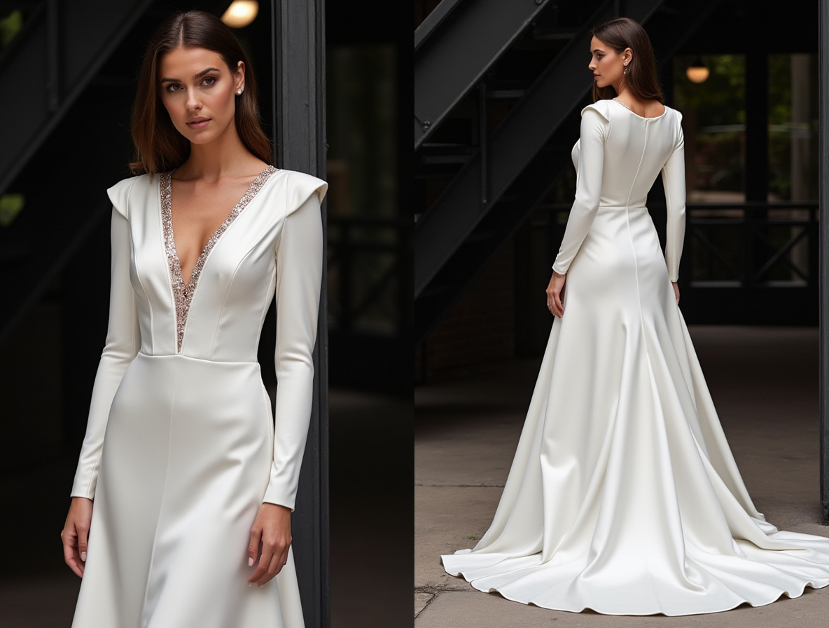 Elegant A-Line Wedding Dress – Long Sleeves & Beaded V-Neckline