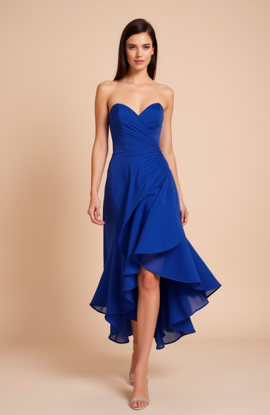 Strapless Blue High Low Evening Dress with Ruffle Hem