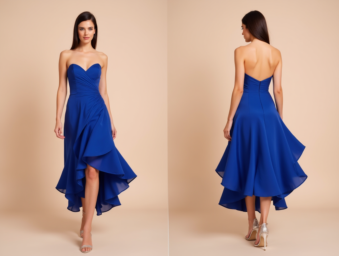 Royal Blue Strapless Ruffle Dress – Elegant Midi Party Gown