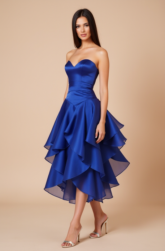 Blue Tiered Ruffle Strapless Midi Evening Dress