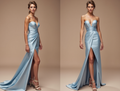 Light Blue Satin Strapless Evening Gown with Side Slit