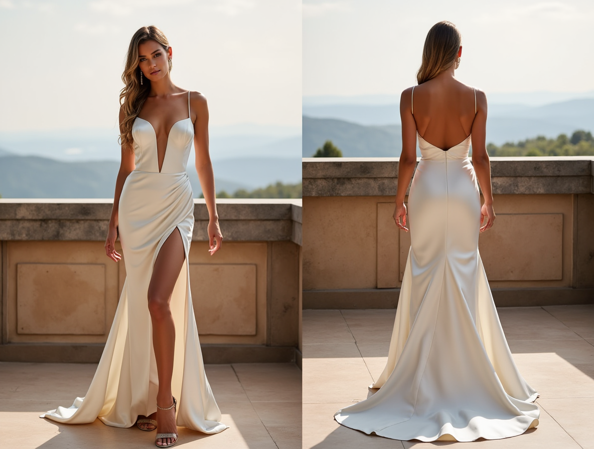 Sleek Spaghetti Strap Wedding Gown – Plunge Neckline & Thigh-High Slit