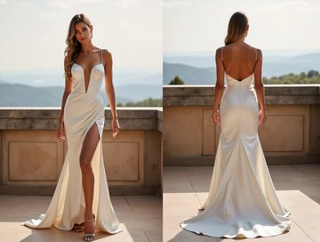 Sleek Spaghetti Strap Wedding Gown – Plunge Neckline & Thigh-High Slit