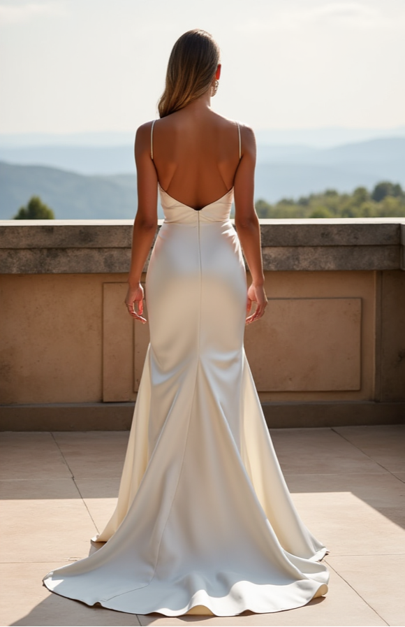 Sleek Spaghetti Strap Wedding Gown – Plunge Neckline & Thigh-High Slit
