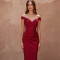 Elegant Red Evening Dress & Prom Gown with Beaded Bodice and Flowing Train