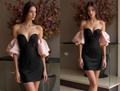 Black & Pink Satin Cocktail Dress – Off-Shoulder Puff Sleeve Mini Dress