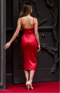 Spaghetti Strap Red Satin Midi Dress – Glamorous Party Evening Wear