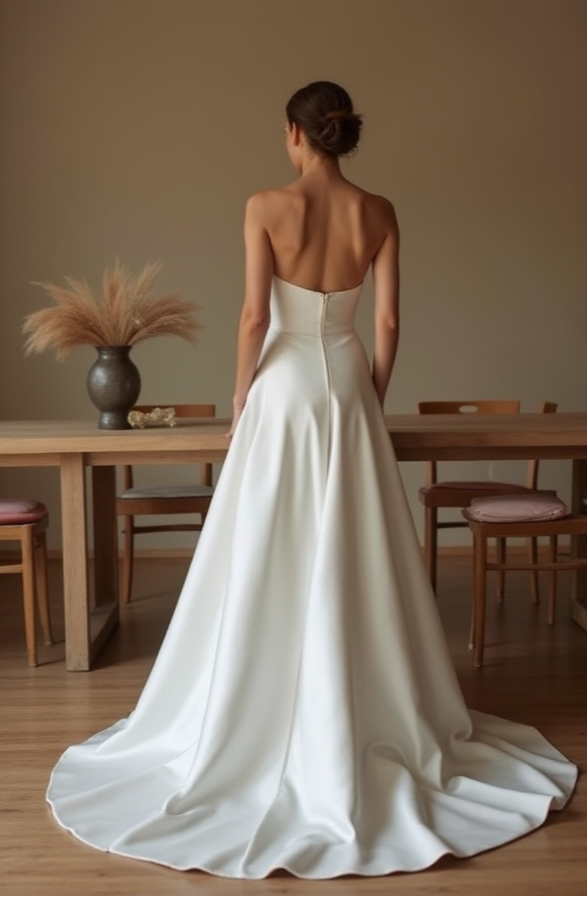 off-shoulder puffy organza sleeves and thigh-high slit
