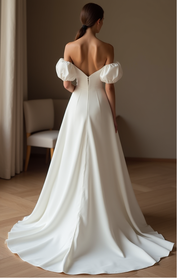 A-Line Wedding Dress – Off-Shoulder Puff Sleeves & Sweetheart Neckline