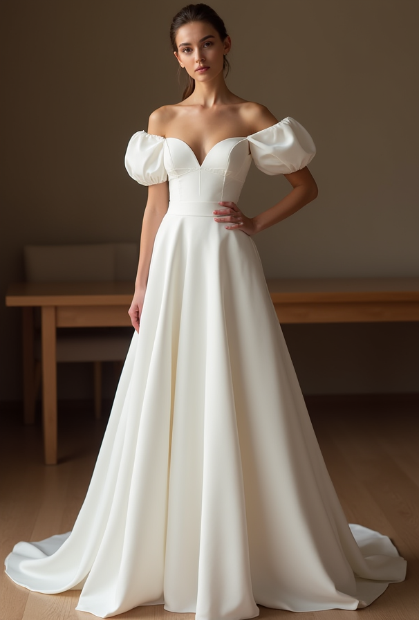 A-Line Wedding Dress – Off-Shoulder Puff Sleeves & Sweetheart Neckline