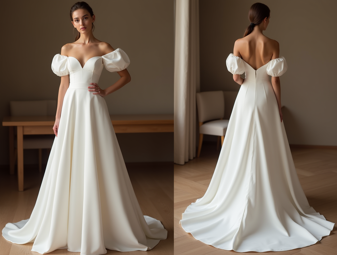 A-Line Wedding Dress – Off-Shoulder Puff Sleeves & Sweetheart Neckline