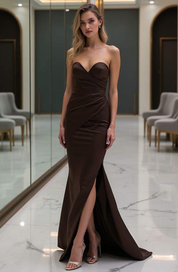 . Robe de Soirée Marron Satinée – Silhouette Sirène et Élégance Naturelle
