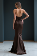 . Robe de Soirée Marron Satinée – Silhouette Sirène et Élégance Naturelle