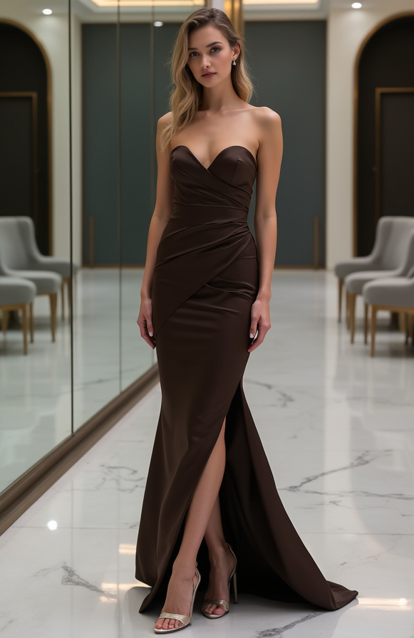 Strapless Chocolate Brown Satin Evening Dress with Front Slit – Elegant Formal Gown
