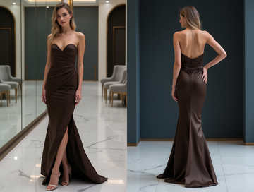 . Robe de Soirée Marron Satinée – Silhouette Sirène et Élégance Naturelle