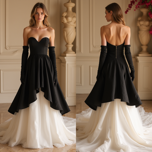 Black and White Strapless Layered Wedding Dress

