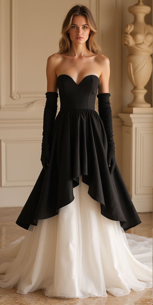 Black and White Strapless Layered Wedding Dress

