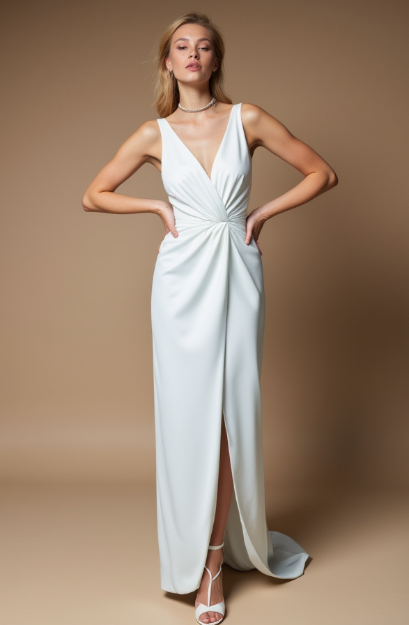 Ivory Sleeveless Evening Dress with Front Knot and Slit
