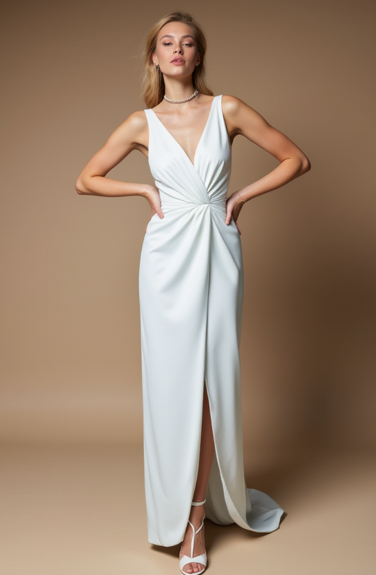Ivory Sleeveless Evening Dress with Front Knot and Slit