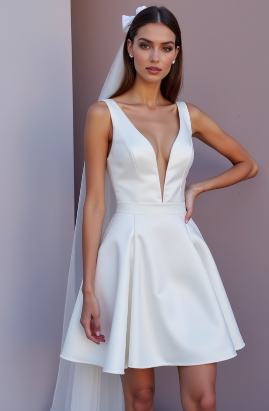 Modern White Mini Short Wedding Dress with a High Slit for a Trendy and Confident Bridal Look