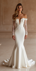 Off-Shoulder Mermaid Wedding Dress – Sheer Sleeves & Satin Finish
