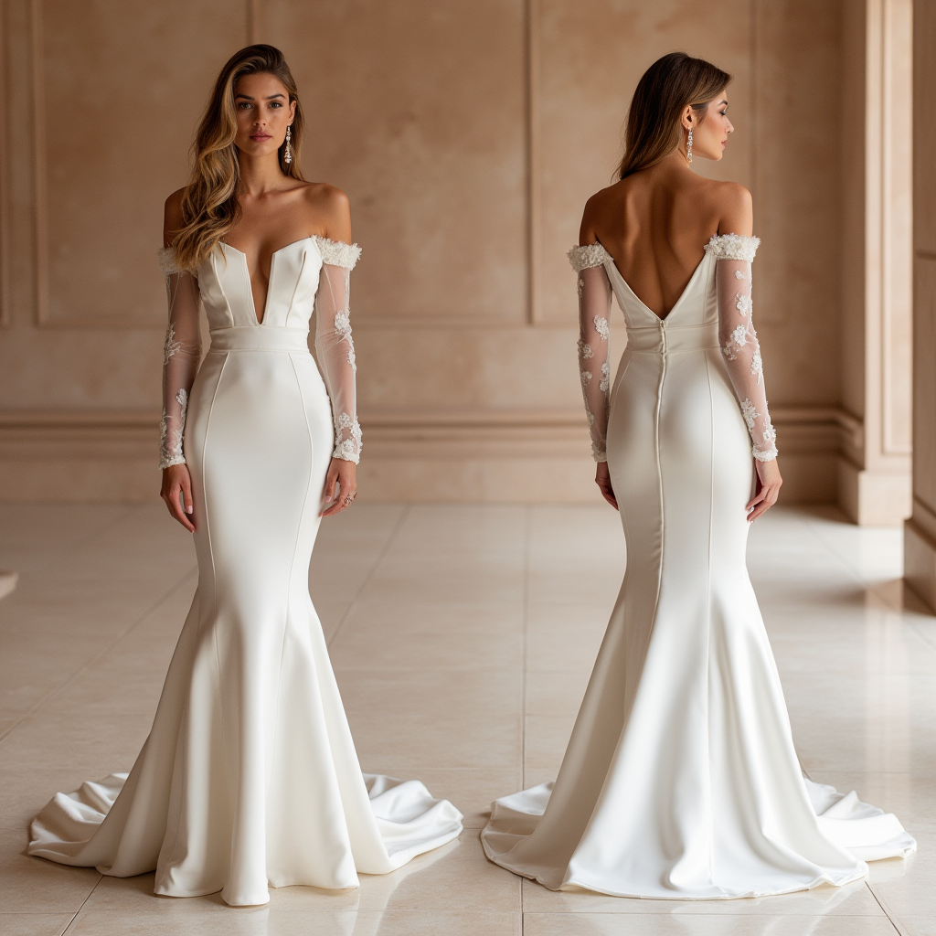 Off-Shoulder Mermaid Wedding Dress – Sheer Sleeves & Satin Finish
