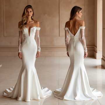 Off-Shoulder Mermaid Wedding Dress – Sheer Sleeves & Satin Finish