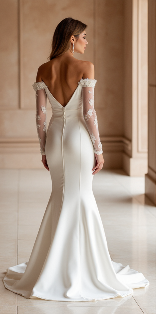 Off-Shoulder Mermaid Wedding Dress – Sheer Sleeves & Satin Finish


