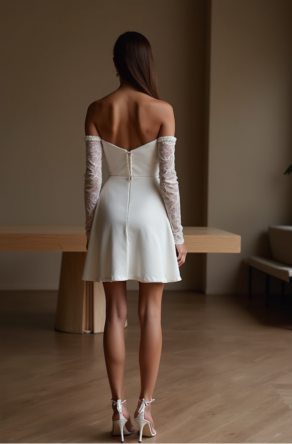 Short Wedding Dress – Off-Shoulder Style with Lace Sleeves