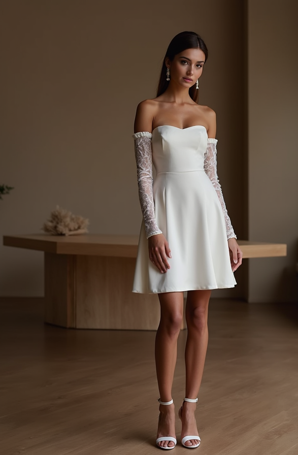 
3️⃣ Short Wedding Dress – Off-Shoulder Style with Lace Sleeves