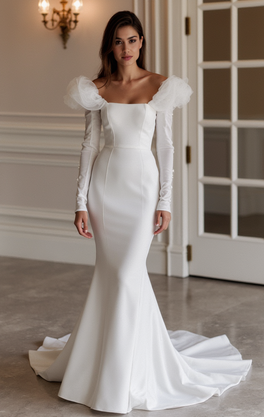 Mermaid White Wedding Dress with a Pleated Skirt for a Structured Fit