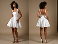 White Satin Mini Evening Dress with Scoop Neckline