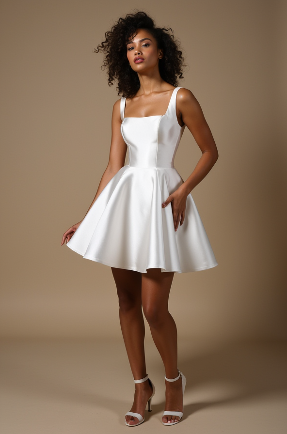 White Satin Mini Evening Dress with Scoop Neckline