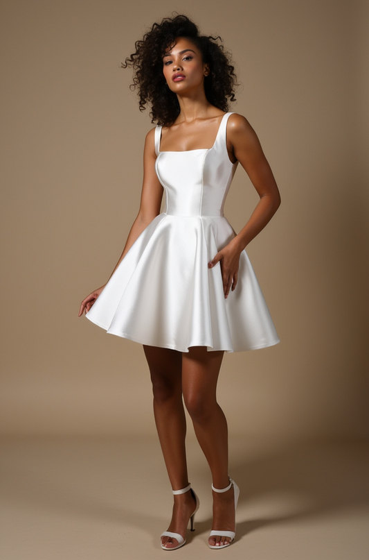 White Satin Mini Evening Dress with Scoop Neckline