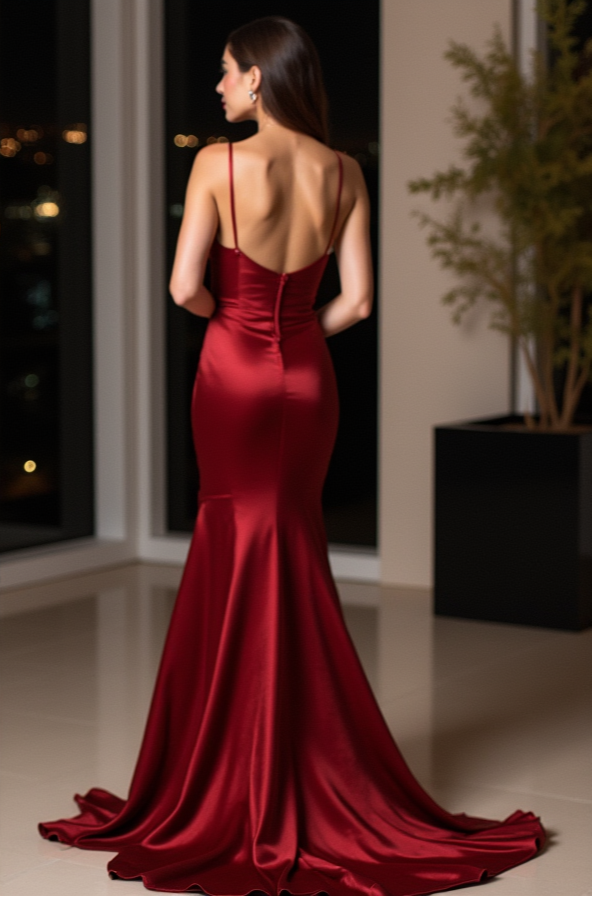 Burgundy Satin Mermaid Dress with Slit – Glamorous Evening Gown