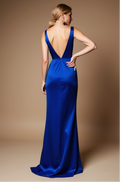 Royal Blue Satin Evening Dress with Deep V Neck and Slit