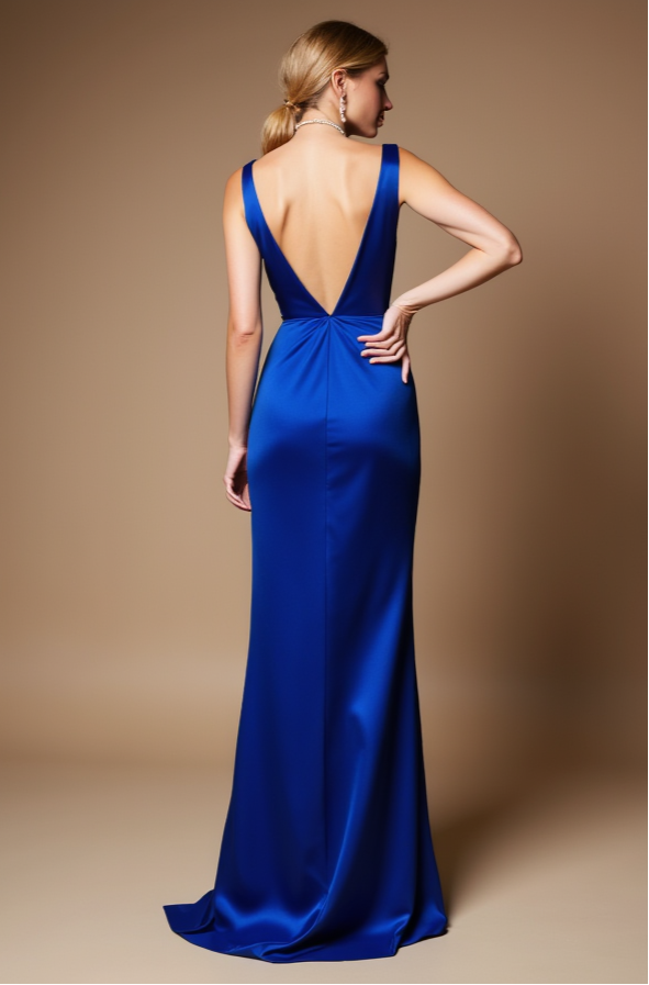 Royal Blue Satin Evening Dress with Deep V Neck and Slit
