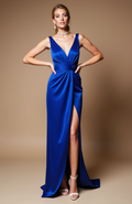 Royal Blue Satin Evening Dress with Deep V Neck and Slit