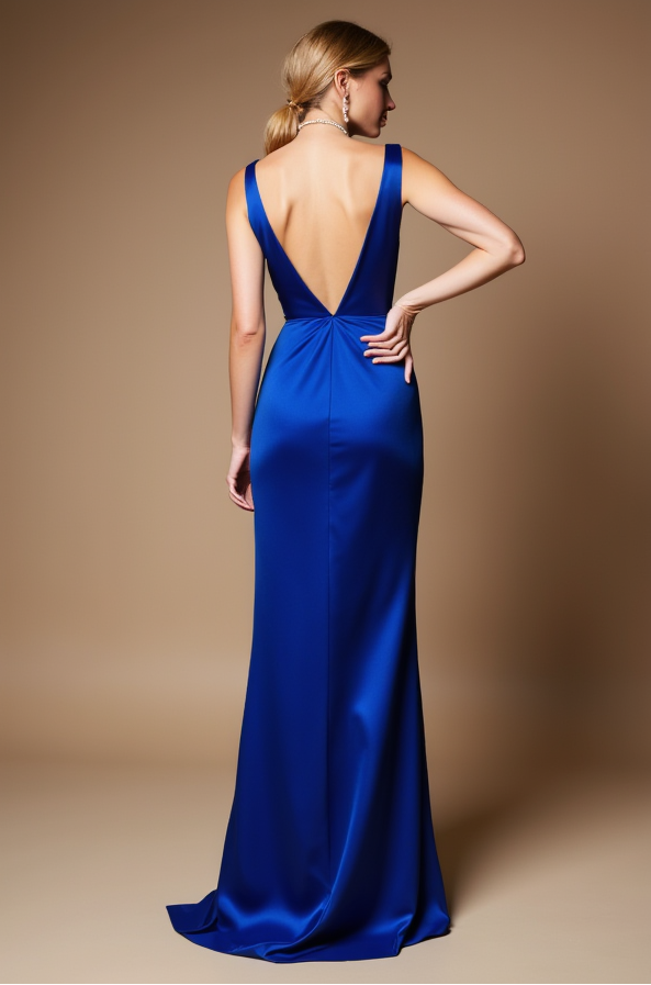 Deep V-Neck Royal Blue Evening Dress with Front Slit

