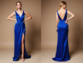 Deep V-Neck Royal Blue Evening Dress with Front Slit

